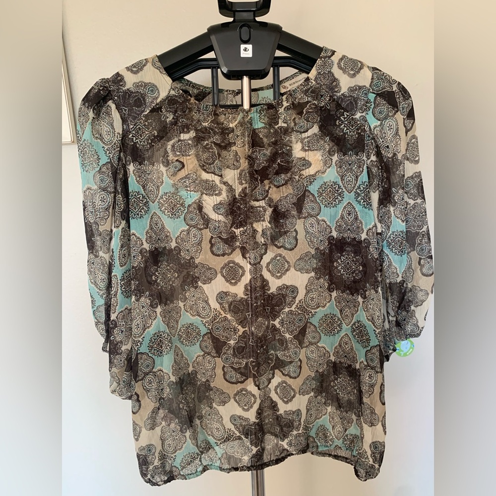 BCBGeneration Women's Paisley Sheer Chiffon Ruffle 3/4 Sleeve Blouse L
